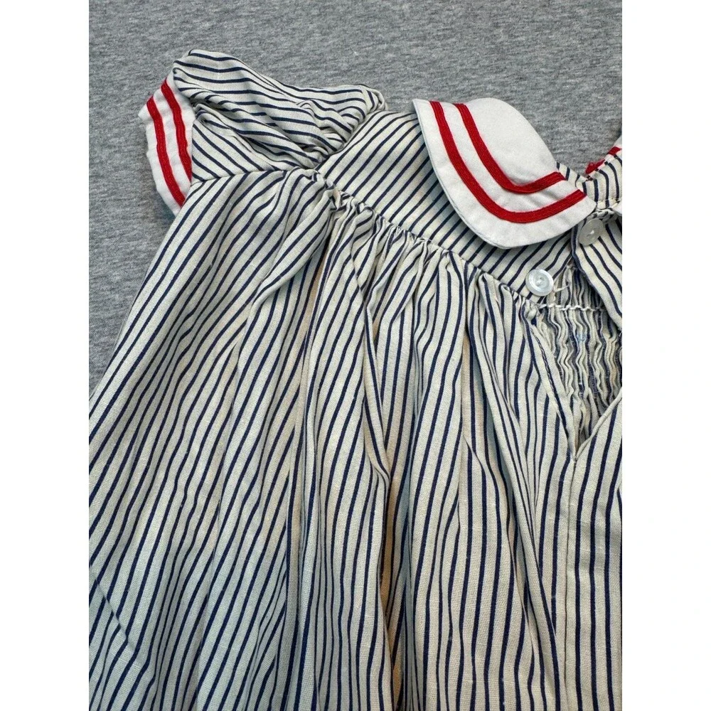 Vintage 1980s Girls Sailor Dress Smocked Nautical Striped Handmade Approx 4T